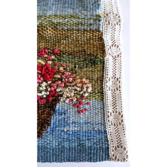 Vintage Tapestry Technique Needlepoint Panel Square Hand Woven Cottage 13*13 in - Picture 4 of 8